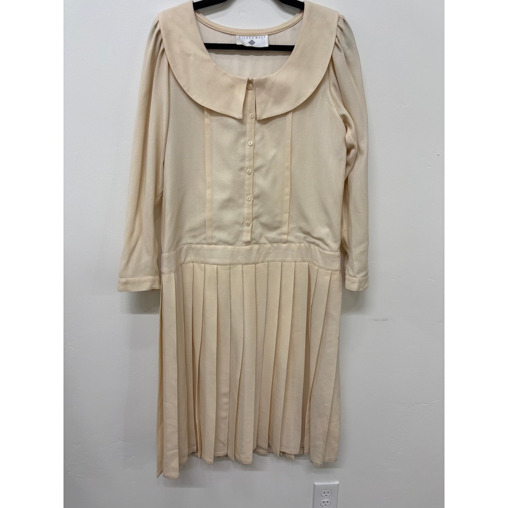 Eileen West Vintage 100% Wool Drop Waist Pleated Dress Cream Modest Peter Pan 8